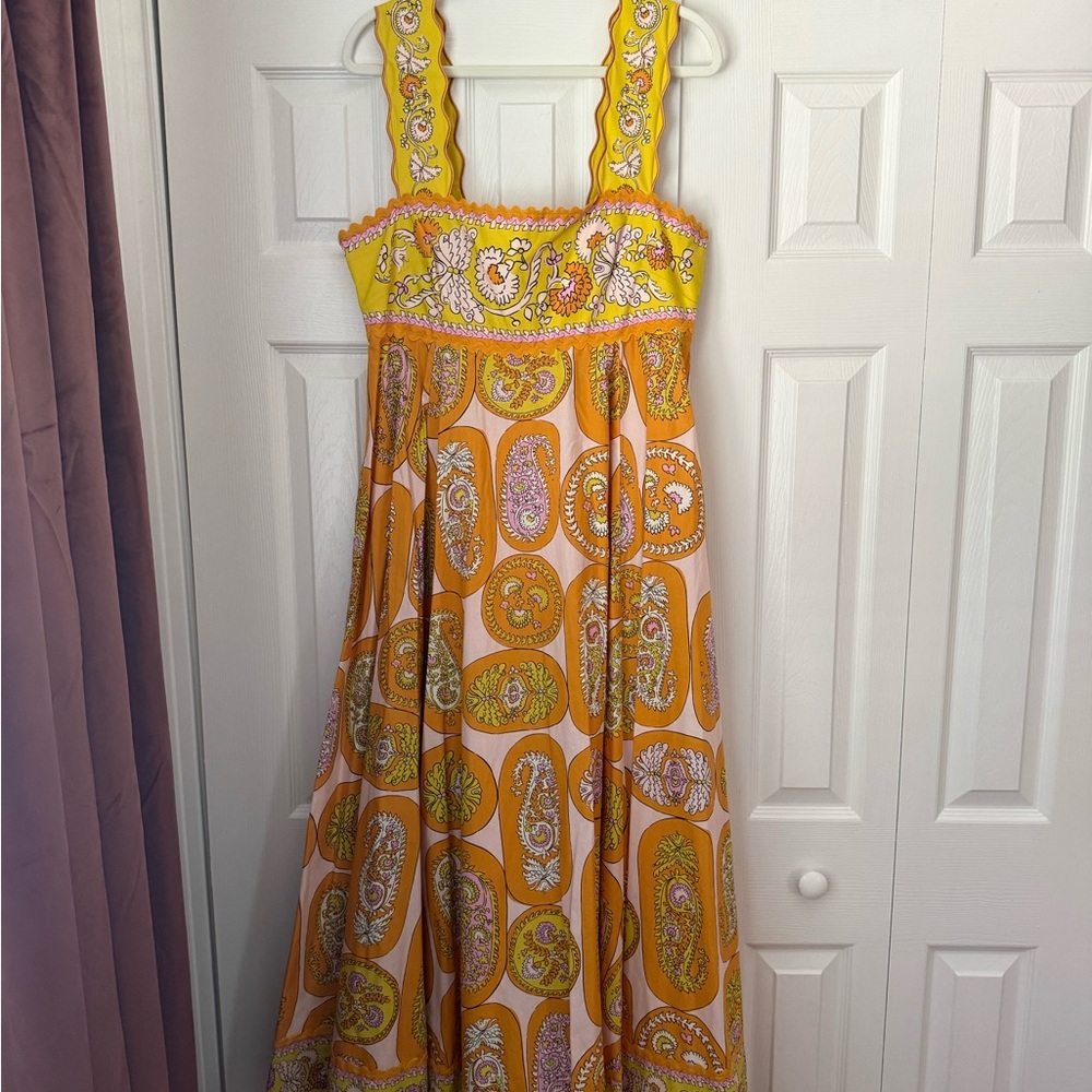 Alemais Yellow and Orange Paisley Midi Dress with Scallop Straps